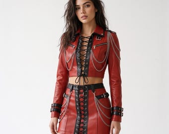 Women Leather Skirt Set, Lace Up Cropped Jacket and Micro Mini Skirt, Chain Two Piece Outfit, Rave Festival Outfit, Real or Faux Leather
