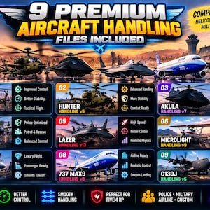 Puede incluir: Un gráfico digital para 9 archivos de manejo de aeronaves premium para Grand Theft Auto V FiveM. La imagen muestra varios helicópteros, jets y aviones con etiquetas numeradas del 01 al 09, enumerando características de manejo específicas.