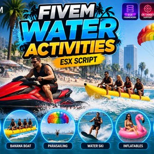 May include: A digital promotional graphic for FiveM Water Activities ESX Script featuring a red jet ski, a yellow banana boat, and a rainbow parasail. The layout includes text labels for boat rental, jet ski, parasailing, and other beach activities.