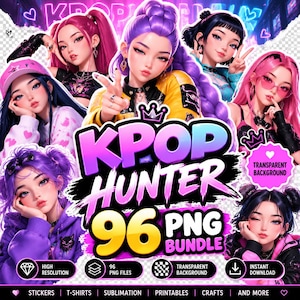 May include: A digital collection of 96 PNG files featuring stylised illustrations of young individuals with vibrant hair colours, including pink and purple, wearing modern clothing. The text KPOP HUNTER 96 PNG BUNDLE is displayed.