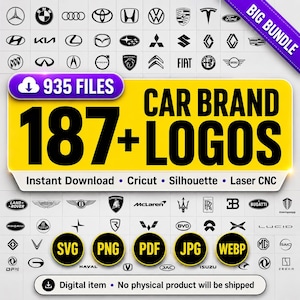 Può includere: Una collezione digitale di 187+ loghi di marchi automobilistici in un grande pacchetto contenente 935 file. La grafica gialla presenta il testo CAR BRAND 187+ LOGOS, 935 FILES, ed elenca i formati SVG, PNG, PDF, JPG, WEBP, Instant Download e Digital item.