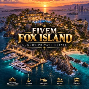 FiveM Fox Island lyxfastighetskarta, herrgård MLO, marina, helikopterplatta, strand (2026)