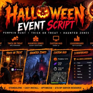 May include: A digital promotional graphic for a FiveM Halloween Event Script featuring a large orange pumpkin head, a dark haunted mansion, and text detailing features like Pumpkin Hunt, Trick or Treat, Haunted Zones, Custom HUD, and Leaderboard.