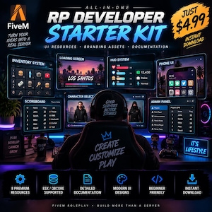 May include: A digital graphic for an All-In-One RP Developer Starter Kit featuring multiple screen displays showing UI resources like inventory, HUD, and admin panels. The design uses blue and black tones with text including FiveM, Create Customize Play, and Good Servers Better Stories.