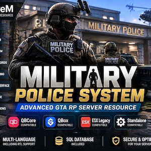 Puede incluir: Un gráfico promocional digital para un recurso de servidor FiveM titulado Military Police System. La imagen muestra personal de policía militar con equipo táctico, un helicóptero y texto que enumera funciones como Duty System y Armory.