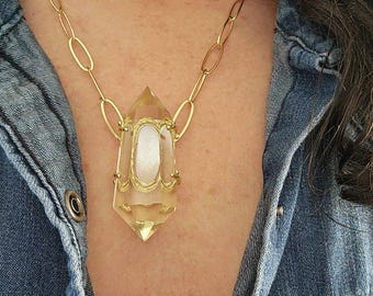 Collar de citrino natural de Brasil, punta grande de citrino con doble terminación, colgante de citrino, collar llamativo de citrino