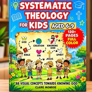 May include: A blue book titled Systematic Theology for Kids Aged 6-9 featuring a central parchment graphic with icons for God, Creation, Knowing God, Bible, Sin, Jesus, and Spirit. Seven children in explorer outfits stand in a grassy landscape.