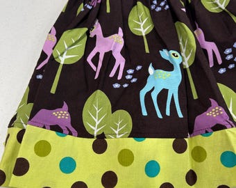 Handmade Deer Print Skirt, Polka Dot Trim, Elastic Waistband (3T)