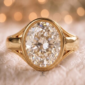 Oval Lab Grown Diamond Engagement Ring Vintage Milgrain Bezel Set Ring Wide Split Shank Art Deco Solitaire Ring 14K Solid Gold Promise Ring