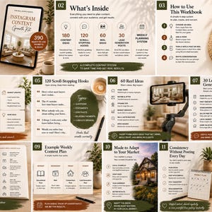 May include: A digital marketing resource kit for real estate agents featuring twelve informational slides. The content includes a growth kit, content ideas, scroll-stopping hooks, reel ideas, lead generation posts, and a weekly planning system for social media.