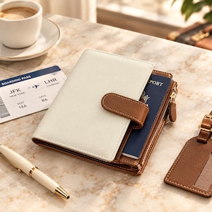 May include: A bi-fold passport holder featuring a cream-colored textured exterior with a brown leather snap closure. The interior contains a dark blue passport, a zippered compartment, and a brown luggage tag, accompanied by a boarding pass.