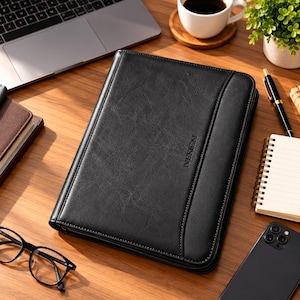 Puede incluir: Un portafolio rectangular negro con cierre de cremallera, acabado en piel sintética texturizada y el nombre de la marca IVESIGN grabado en la cubierta frontal. El estuche presenta un panel vertical cosido en el lado derecho y cierre.