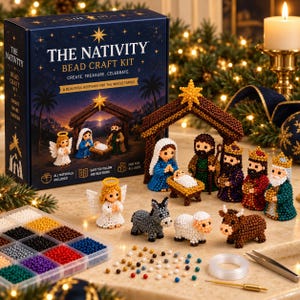 May include: A nativity bead craft kit featuring a dark blue box with gold text reading THE NATIVITY BEAD CRAFT KIT. The set includes colorful beads, a clear storage container, tweezers, string, and assembled beaded figures of a manger scene.