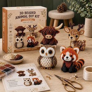 May include: A 3D beaded animal DIY kit featuring a cardboard box with illustrations of a highland cow, deer, owl, and red panda. The set includes four finished beaded animal figures, a container of assorted beads, a needle, and instructions.