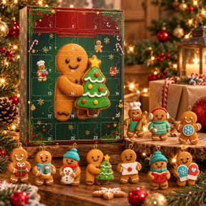 Könnte beinhalten: Ein rechteckiger Weihnachts-Adventskalender mit einem großen Lebkuchenmann, der einen geschmückten Baum hält, und nummerierten Türchen von 1 bis 24. Mehrere kleine Lebkuchenmann-Ornamente sind davor angeordnet.