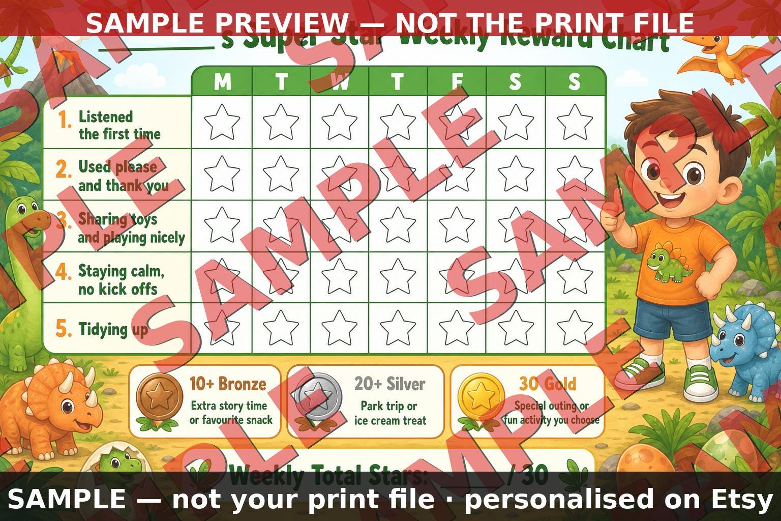 Kids Reward Chart Printable | Personalised Dinosaur Behaviour Chart ...