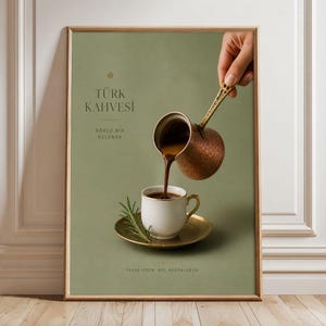 Turkish Coffee Wall Art with Coffee Pour Print, Sage Green Kitchen Poster, Neutral Cafe Decor and Coffee Bar Artwork