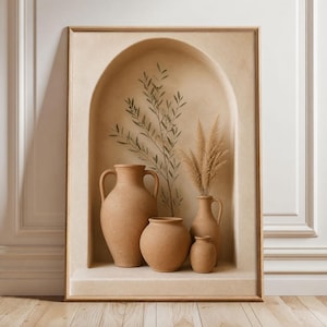 May include: A rectangular framed wall art piece featuring a beige arched alcove. Inside the alcove are four terracotta-coloured ceramic vases of varying shapes and sizes, with a tall vase holding pampas grass and a painted olive branch design.