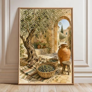 May include: A framed wall art print depicting a Mediterranean courtyard scene with a gnarled olive tree, two woven baskets filled with green olives, a large terracotta amphora, and a small wooden stool set on a stone patio with striped rugs.