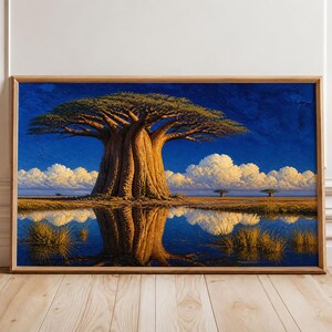 Puede incluir: Una impresión de arte mural rectangular enmarcada que muestra un gran baobab con un tronco grueso y texturizado y una copa ancha. La escena presenta un cielo azul profundo, nubes cúmulos blancas y un paisaje dorado reflejado en agua tranquila.