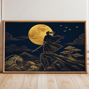 May include: A rectangular wall art print in a wooden frame featuring a gold-line illustration on a dark navy background. It depicts a samurai standing on a cliff edge with a sword, overlooking crashing waves, a mountain, and a large full moon.