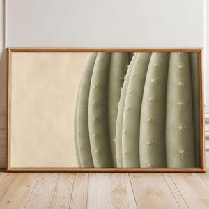 Op de afbeelding: Een rechthoekige wandkunstprint in een lichthouten lijst met een close-up van een groene cactus met verticale ribbels en kleine, lichtgekleurde stekels. De cactus beslaat de rechterkant van het frame tegen een effen beige achtergrond.