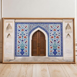 Blue Islamic Wall Art Print with Iznik Tile Doorway Poster, Turkish Floral Architecture and Ottoman Door Decor