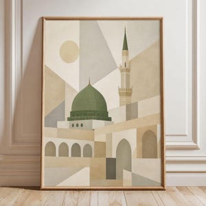 May include: A framed wall art print featuring a geometric illustration of a mosque with a prominent green dome and a tall minaret. The composition uses a muted color palette of beige, tan, and soft gray, incorporating angular shapes and a circular sun.