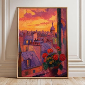 Väggkonst med takåsar i Paris, färgglatt expressionistiskt stadslandskapstryck, eklektisk vintagelägenhetsinredning, utskrivbar digital nedladdning