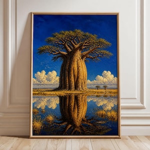Peut inclure: Une impression d'art encadrée représentant un grand baobab au tronc épais, centré dans un paysage de savane dorée sous un ciel bleu profond avec des nuages blancs, reflété dans une étendue d'eau calme avec des touffes d'herbe jaune.