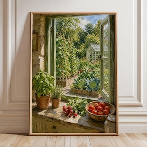 Cottage Window Wall Art with Kitchen Garden View Print, Rustic Vegetable Patch Cottagecore Decor, Herb Scene and Nature Artwork