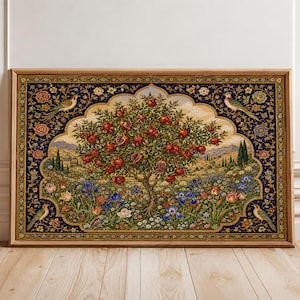 May include: A rectangular framed wall art piece featuring a detailed illustration of a pomegranate tree laden with red fruit, surrounded by colorful flowers, birds, and a landscape background, all set within a dark blue ornate decorative border.