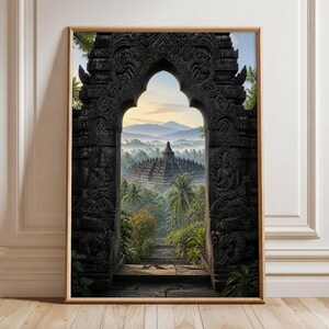 Java Indonesia Wall Art Print with Borobudur Temple Poster, Tropical Jungle Landscape, Indonesian Travel Print and Balinese Style Decor