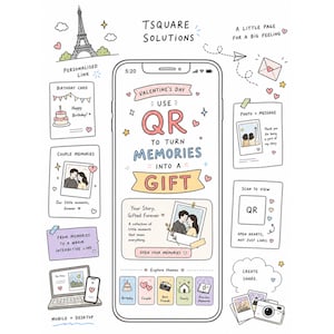 以下が含まれることがあります： Tsquare Solutionsによるバレンタインデー向けQRコードサービスのスマートフォン画面のデジタルイラスト。インターフェースには「Use QR to turn memories into a gift」というテキストが表示され、手描きのアイコン、写真、メモで囲まれています。