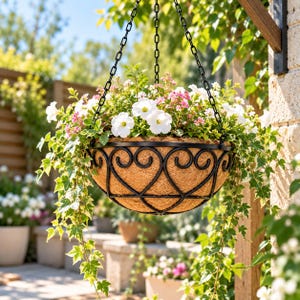 Puede incluir: Una maceta colgante de metal negro con un diseño decorativo de volutas y un revestimiento de fibra de coco natural. La maceta está suspendida por tres cadenas negras y llena de flores de petunia blancas y follaje de hiedra colgante.