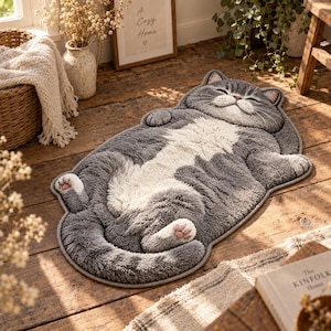 Könnte beinhalten: Ein flauschiger, grau-weißer Teppich in Katzenform, der eine schlafende Katze mit eingezogenen Pfoten darstellt. Der Teppich hat eine strukturierte, weiche Oberfläche mit einem detaillierten Gesicht, geschlossenen Augen und rosa Pfotenballen.