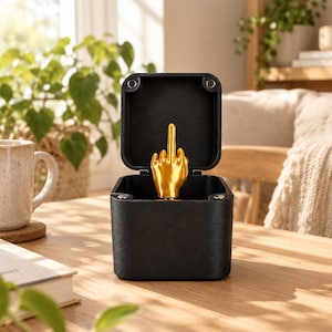Könnte beinhalten: Eine schwarze, quadratische Box mit einem geöffneten Klappdeckel. Im Inneren der Box befindet sich eine goldfarbene Handskulptur, deren Mittelfinger nach oben zeigt. Die Box hat eine strukturierte, matte Oberfläche und sichtbare Magnetverschlüsse.