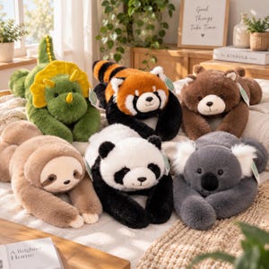 Op de afbeelding: Een collectie van zes pluche dieren, waaronder een groene triceratops, een rode panda, een bruine beer, een lichtbruine luiaard, een zwart-witte panda en een grijze koala. Elk knuffeldier heeft zachte vacht, geborduurde gezichtsdetails en een label.