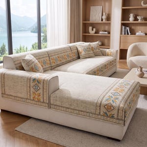 May include: A beige sectional sofa covered with patterned fabric protectors. The fabric features a repeating geometric design in shades of yellow, blue, and brown, with star-like motifs along the edges. The set includes matching throw pillows.