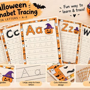 May include: A set of Halloween alphabet tracing worksheets featuring 26 pages with letters A-Z. Each page includes large letters for tracing, clear stroke guides, and a border decorated with pumpkins, ghosts, and bats. The text reads Halloween Alphabet Tracing, 26 Letters A-Z, Fun way to learn & trace, Instant Download, Print at home, Perfect for kids, A-Z Letters.