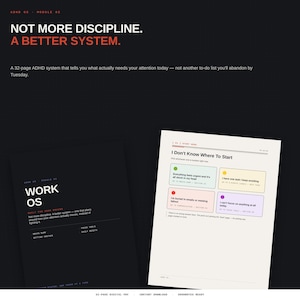Può includere: Un documento digitale di 32 pagine per il sistema ADHD con una copertina nera con testo bianco che recita WORK OS e una pagina interna bianca intitolata I Don't Know Where To Start con quattro riquadri colorati con istruzioni.