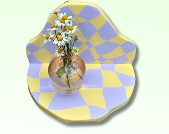 Yellow and Purple Wavy Checkerboard Abstract Shaped Decorative Wall Shelf