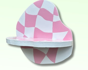 Pink and White Wavy Checkerboard Abstract Shaped Decorative Wall Shelf