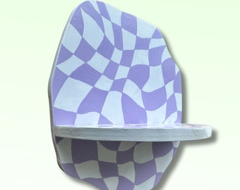 White and Purple Wavy Checkerboard Abstract Shaped Decorative Wall Shelf