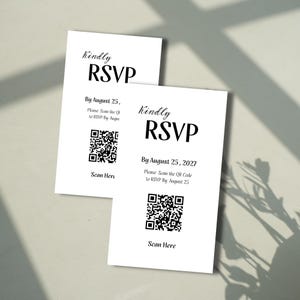 Pode incluir: Dois cartões RSVP retangulares brancos com texto preto que diz Kindly RSVP, By August 25, 2027, Please Scan the QR Code to RSVP By August 25 e Scan Here, acompanhados por um código QR quadrado em preto e branco em cada cartão.