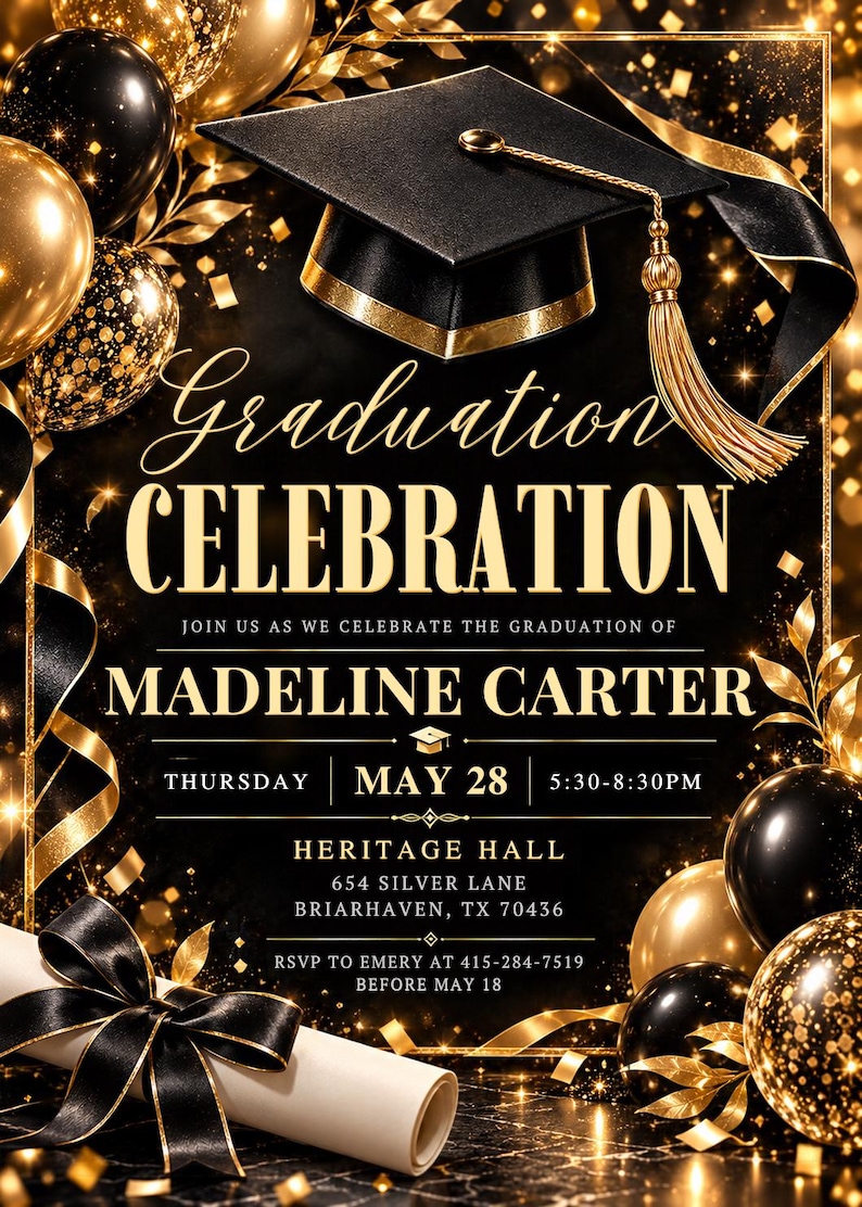 Graduation Party Invation Card Format Graduation Invitation Editable Canva Template, Elegant Grad Party Evite ...