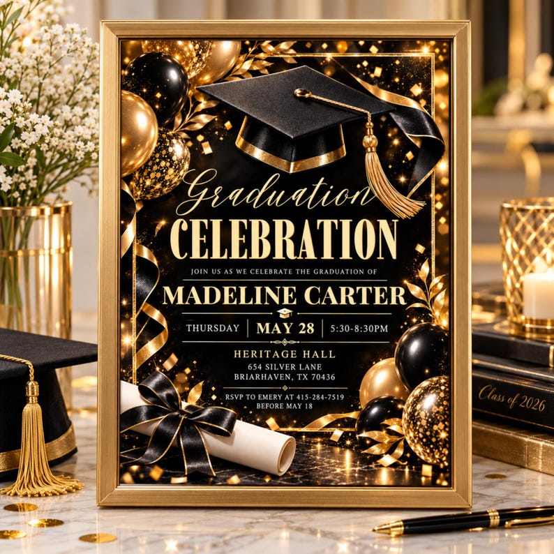 Graduation Party Invation Card Format Graduation Invitation Editable Canva Template, Elegant Grad Party Evite ...