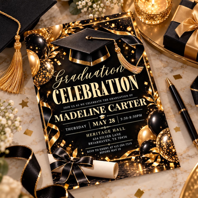 Graduation Party Invation Card Format Graduation Invitation Editable Canva Template, Elegant Grad Party Evite ...