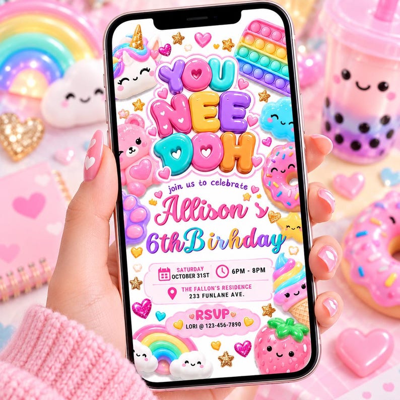 Squishy Birthday Invitation, Editable Canva Template, Kawaii Squishy ...