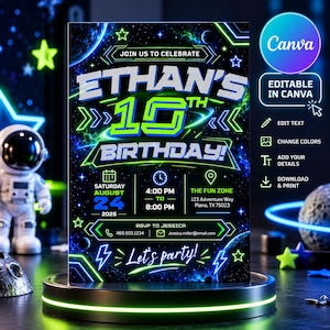 Könnte beinhalten: Eine rechteckige Geburtstagseinladungskarte mit Weltraum-Motiv und neon-grünen sowie blauen Akzenten. Der Text lautet: Ethan's 10th Birthday, Saturday August 24 2025, 4:00 PM to 8:00 PM, The Fun Zone, 123 Adventure Way, Plano, TX 75023.